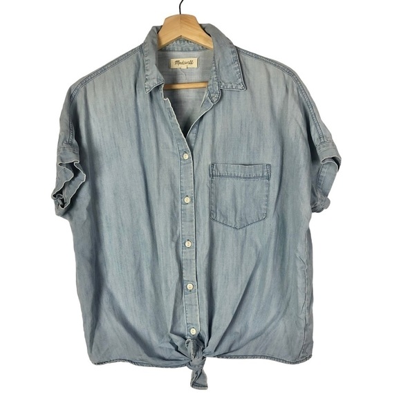 Madewell Blue Denim Chambray Short Sleeve Tie Front Button Down Top S - Picture 3 of 5